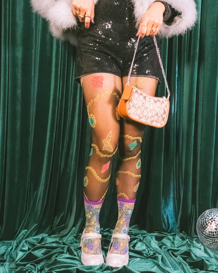 Jewelled Floral Gold Shimmer Sheer Socks