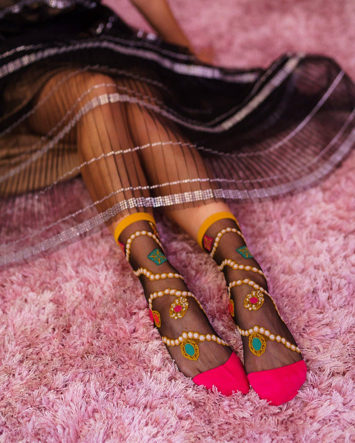 Pearls & Jewels Black Sheer Socks