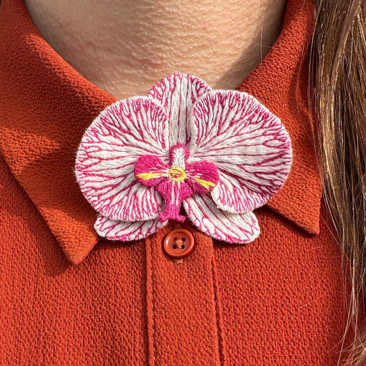 Orchid Embroidered Brooch - White Phalaenopsis