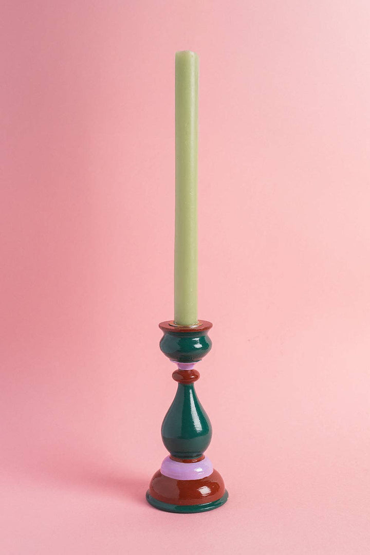 Green & Purple Hand Painted Wooden Candle Holder