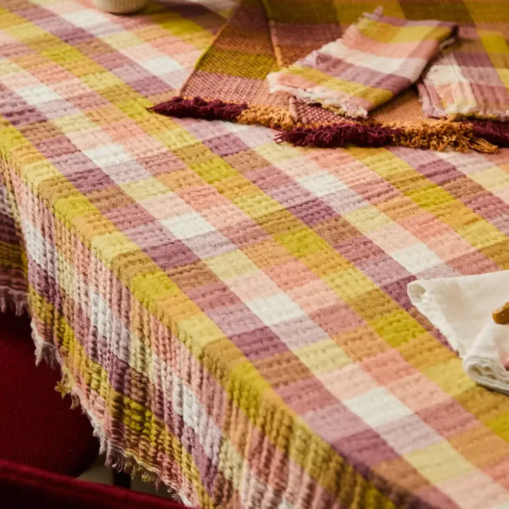 Harvest Gingham Muslin Tablecloth with Fringe