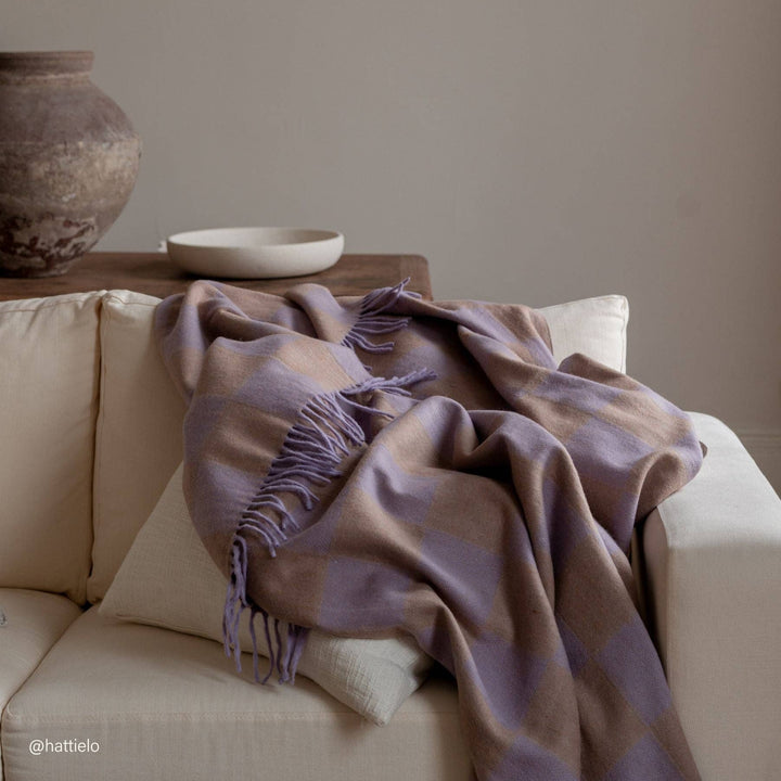 Recycled Wool Blanket in Lilac & Coffee Checkerboard