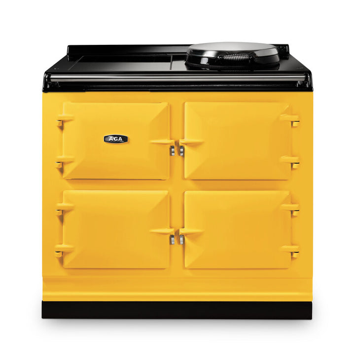 mustard with stainless trim AGA eR7i Series 100 Electric range cooker on white background