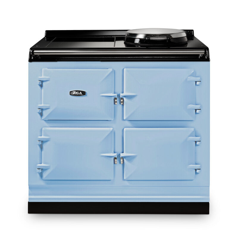 Duck egg blue AGA eR7i Series 100 Electric with Induction Hob stove with black top on a white background