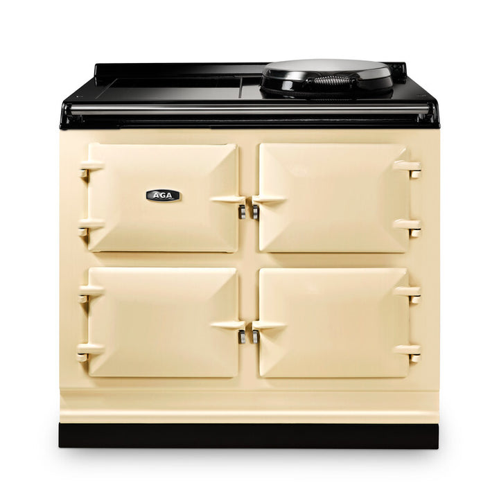 Linen-colored AGA eR7i Series 100 Electric with Induction Hob stove with black top on a white background