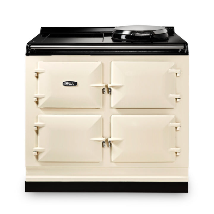 Linen-colored AGA eR7i Series 100 Electric with Induction Hob stove with black top on a white background