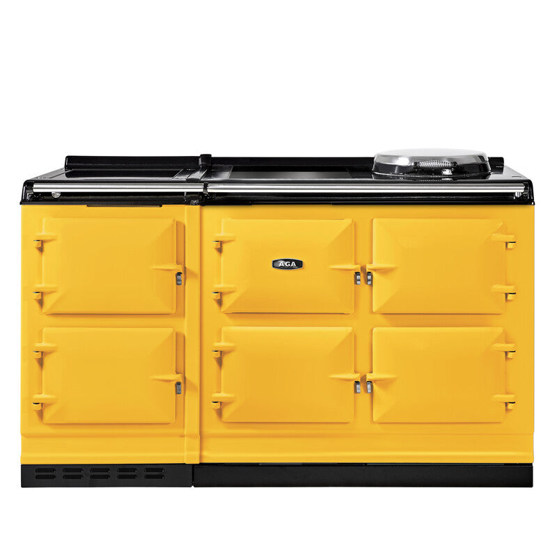 Mustard with stainless trim AGA eR7i Series 150 Electric stove with black accents on a white background