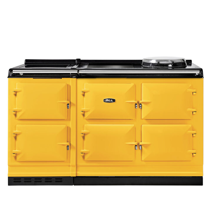 Mustard with stainless trim AGA eR7i Series 150 Electric stove with black accents on a white background