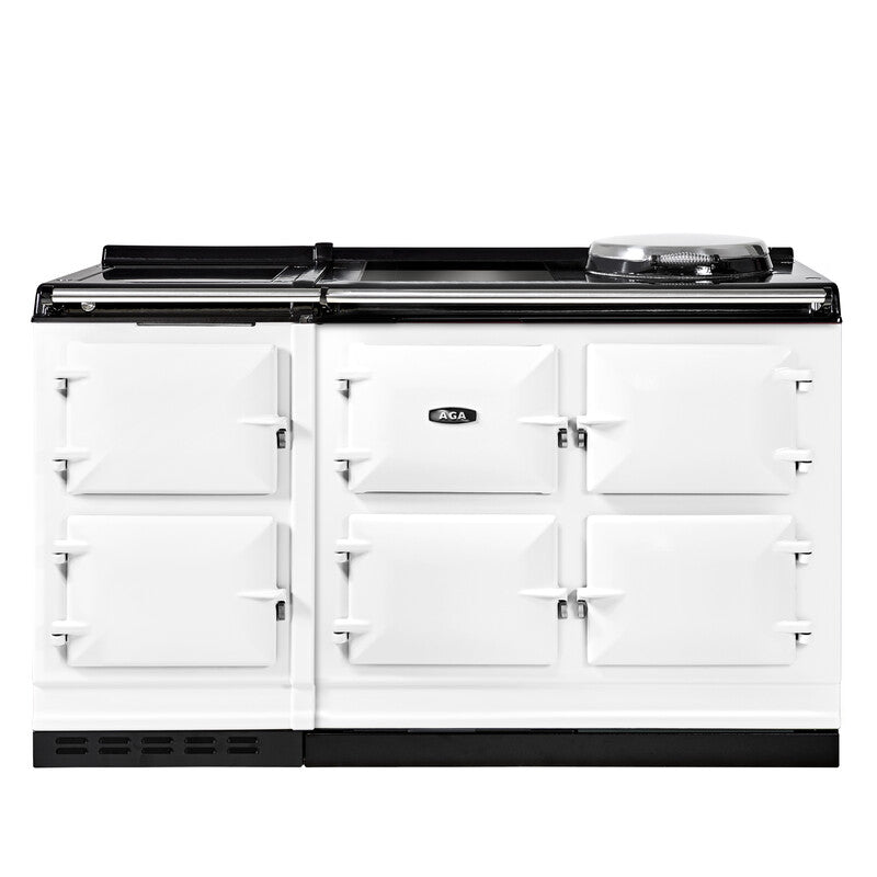 White AGA eR7i Series 150 Electric kitchen stove with black cooktop on a white background