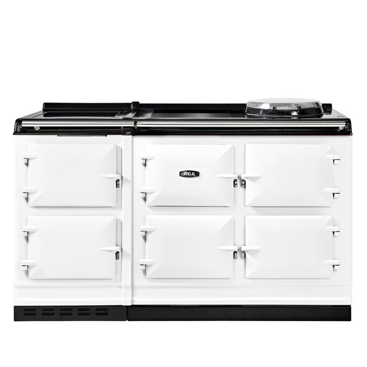 White AGA eR7i Series 150 Electric kitchen stove with black cooktop on a white background
