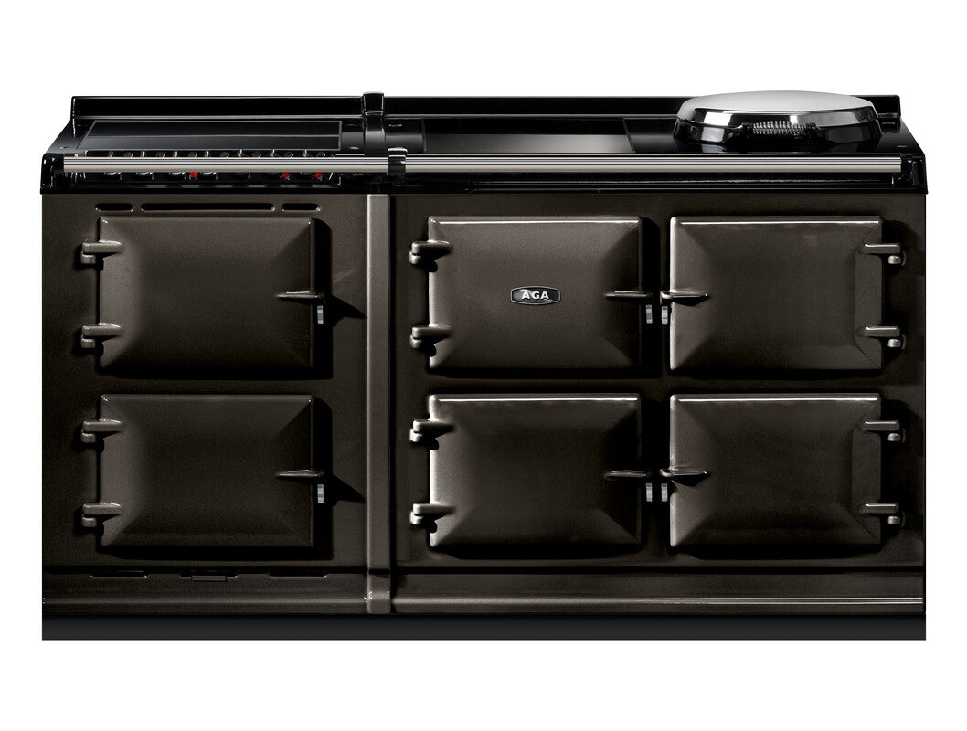 Black AGA eR7i Series 150 Electric with Induction Hob + Warming Plate kitchen range cooker on a white background