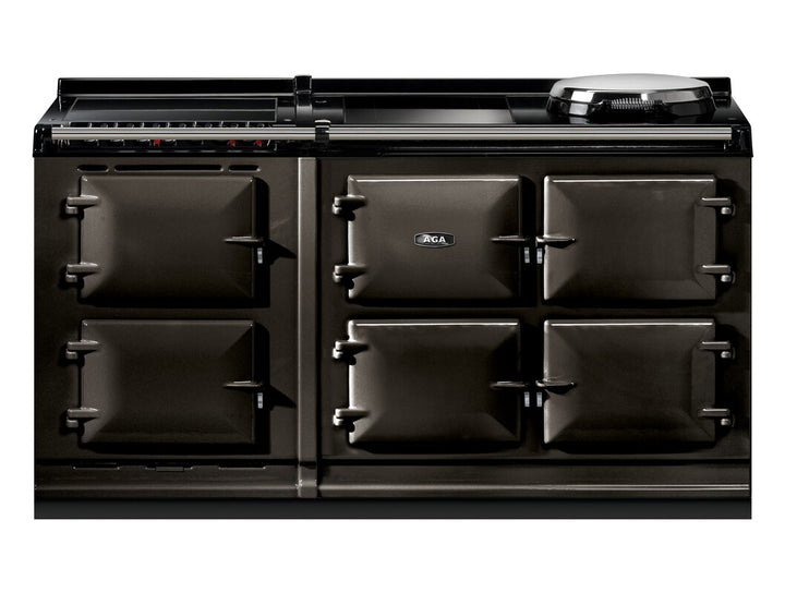 Black AGA eR7i Series 150 Electric with Induction Hob + Warming Plate kitchen range cooker on a white background