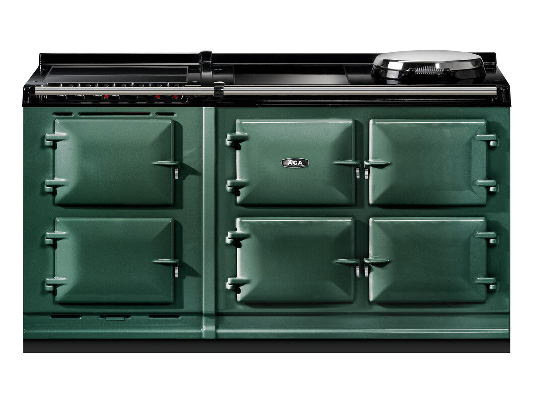 British Racing Green AGA eR7i Series 150 Electric with Induction Hob + Warming Plate range cooker on a white background