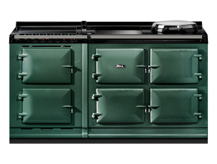 British Racing Green AGA eR7i Series 150 Electric with Induction Hob + Warming Plate range cooker on a white background