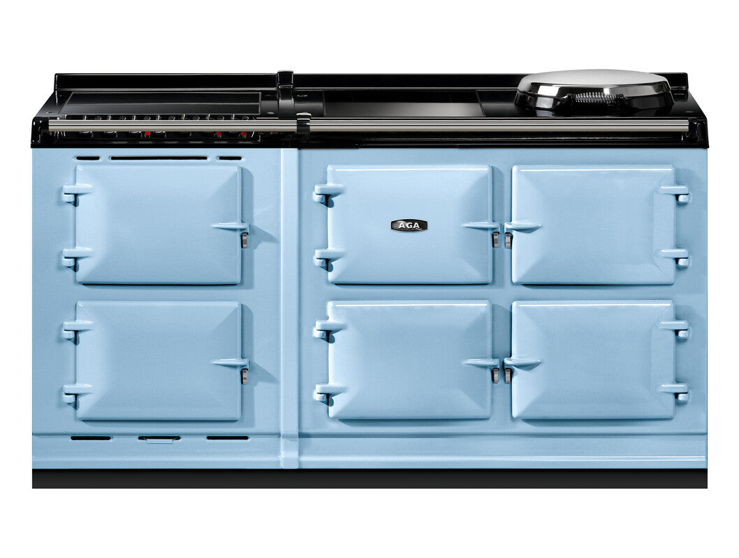 Duck egg blue AGA eR7i Series 150 Electric with Induction Hob + Warming Plate range cooker on a white background