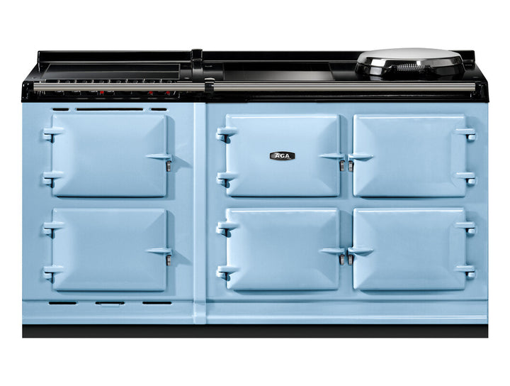 Duck egg blue AGA eR7i Series 150 Electric with Induction Hob + Warming Plate range cooker on a white background