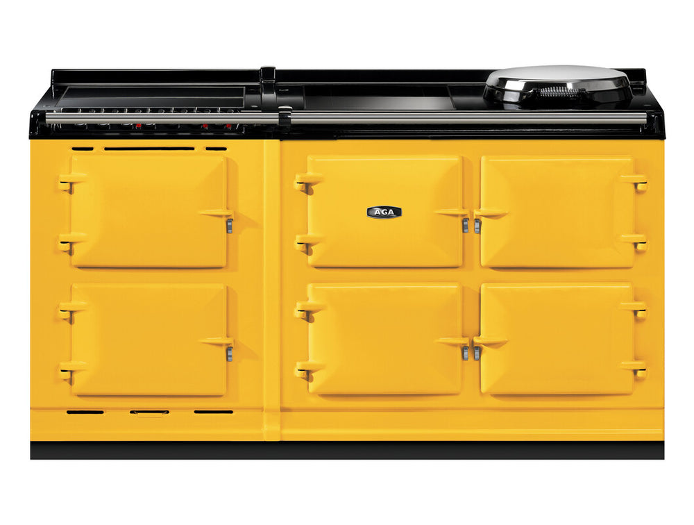 Mustard AGA eR7i Series 150 Electric with Induction Hob + Warming Plate range cooker with black accents on a white background