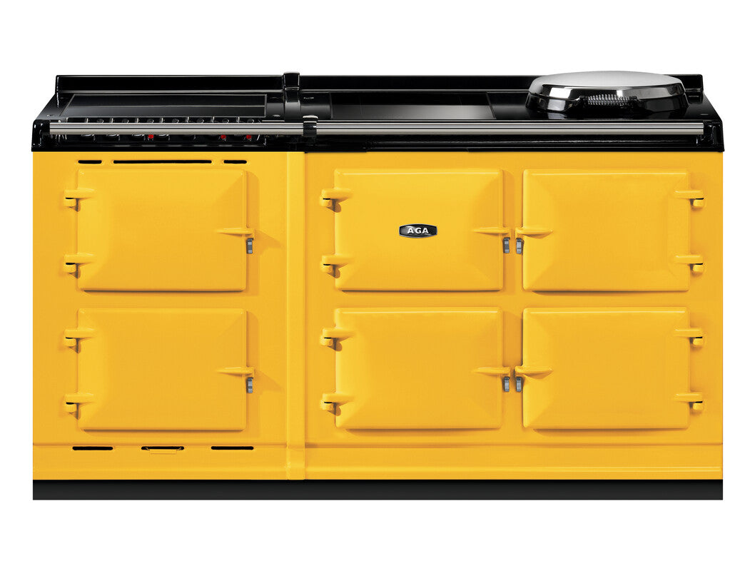 Mustard AGA eR7i Series 150 Electric with Induction Hob + Warming Plate range cooker with black accents on a white background