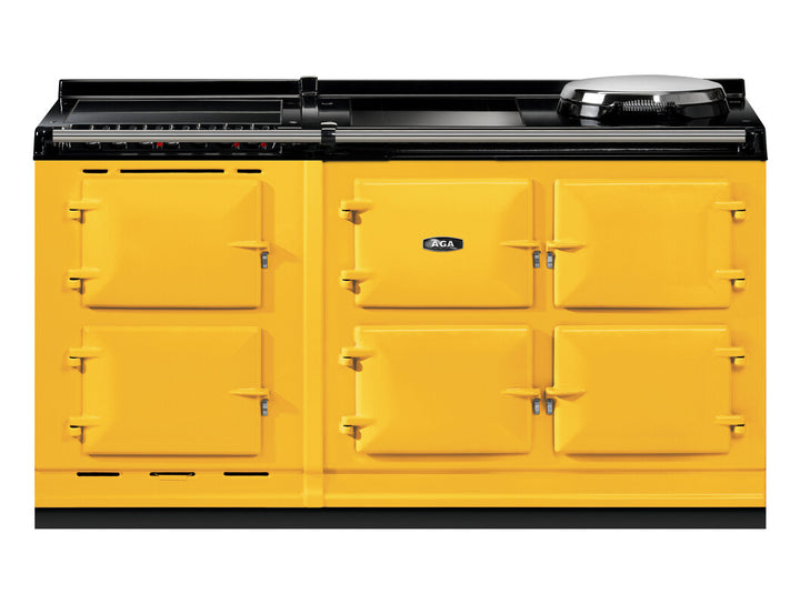 Mustard AGA eR7i Series 150 Electric with Induction Hob + Warming Plate range cooker with black accents on a white background