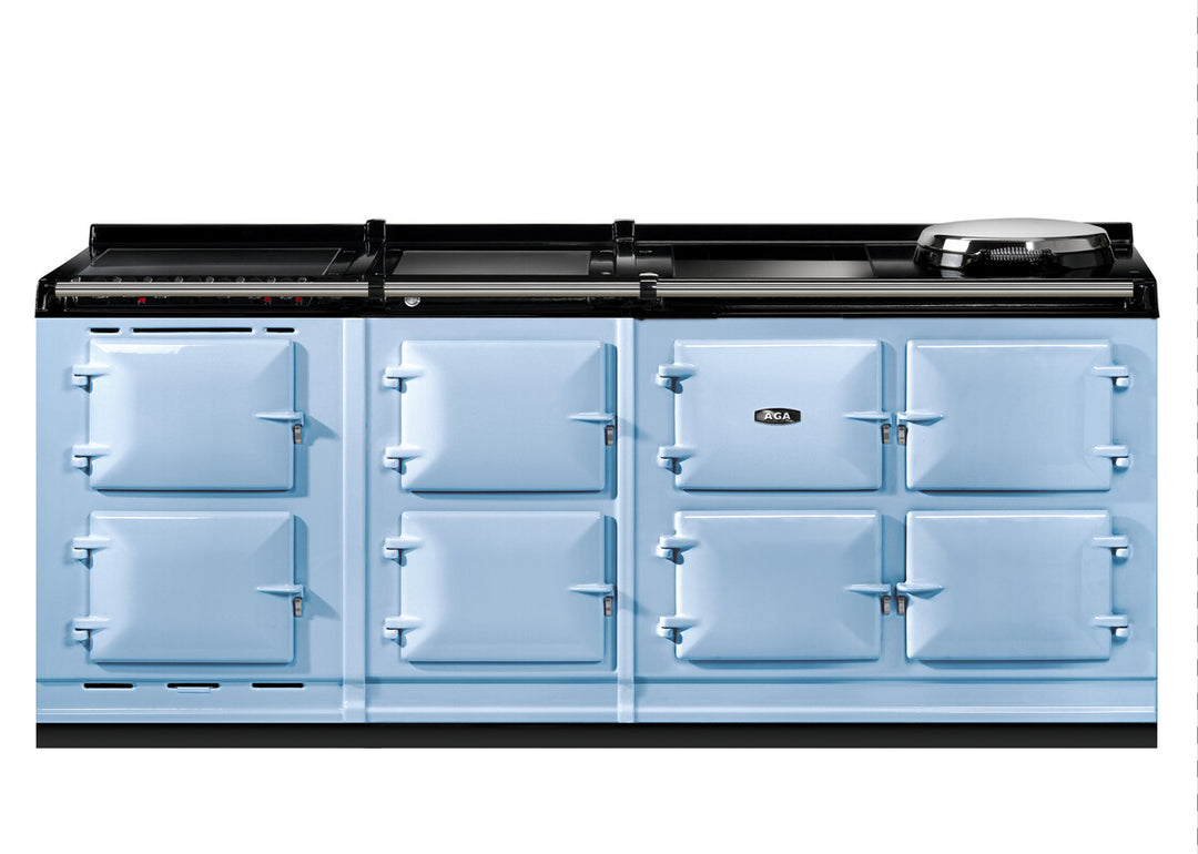 Duck Egg Blue Aga er7i 210cm range cooker with black cooktop on a white background