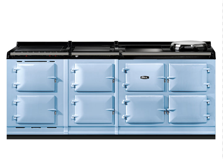 Duck Egg Blue Aga er7i 210cm range cooker with black cooktop on a white background