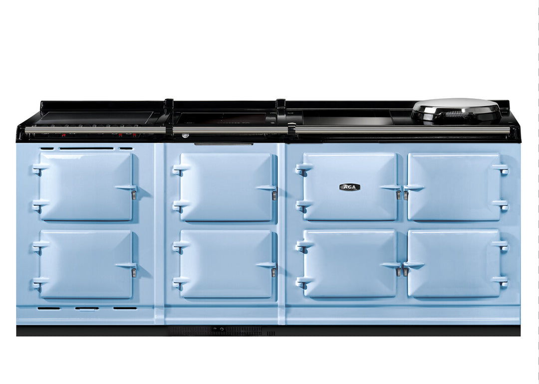 Duck Egg Blue Aga er7i 210cm range cooker with black cooktop on a white background