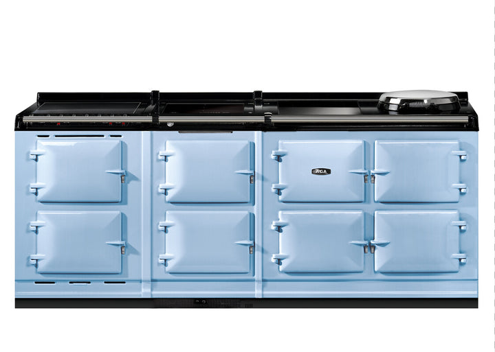 Duck Egg Blue Aga er7i 210cm range cooker with black cooktop on a white background