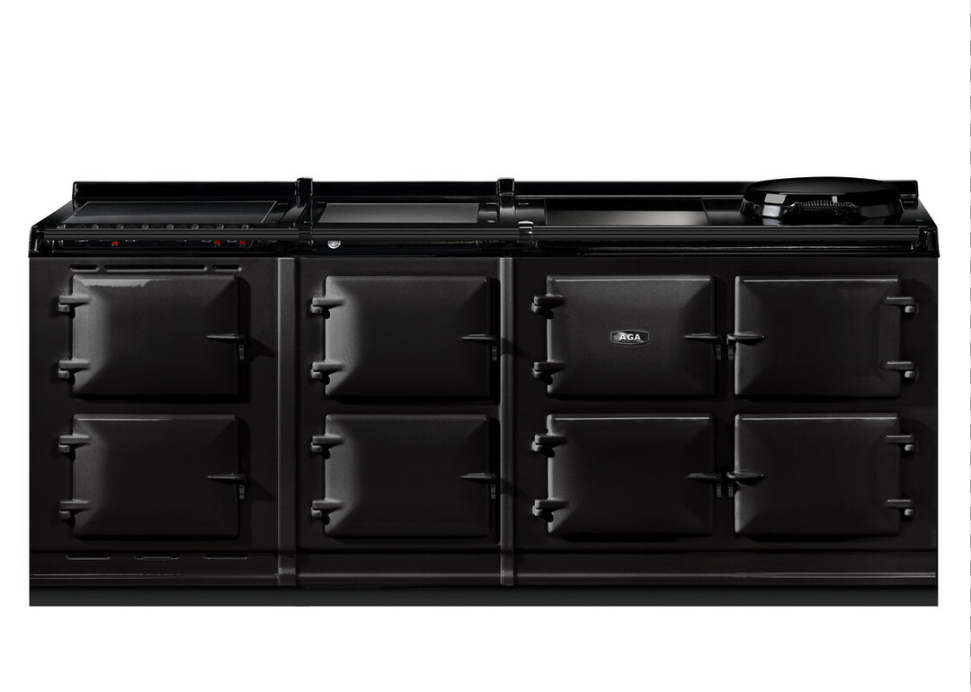 Black Aga er7i 210cm range cooker on a white background
