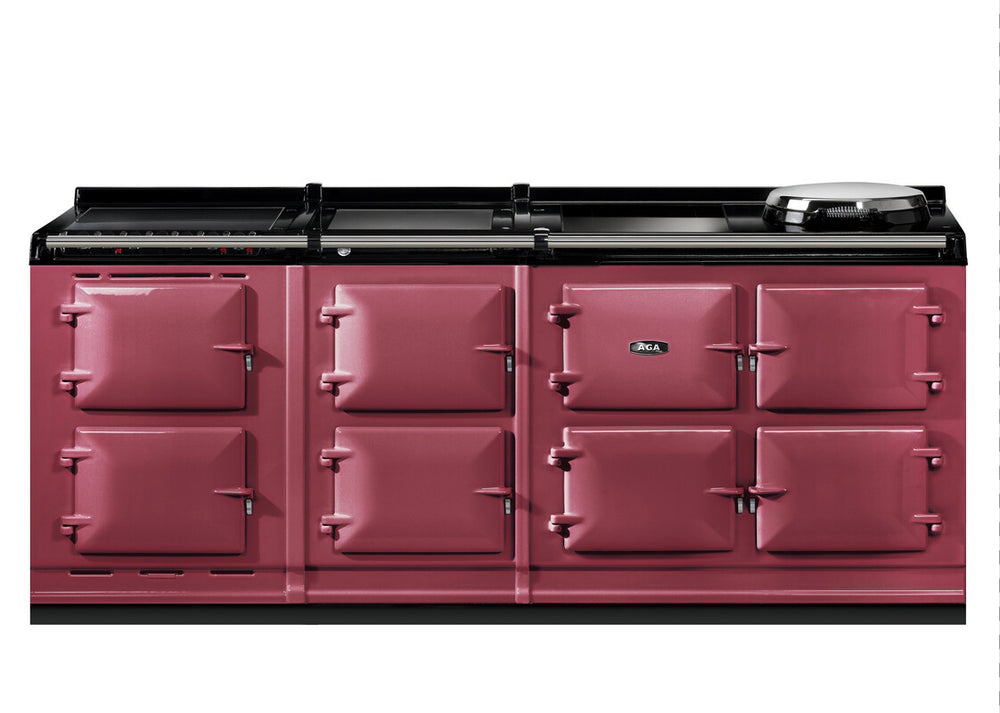 Red Aga er7i 210cm range cooker with black cooktop on a white background