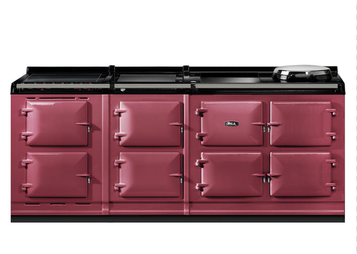 Red Aga er7i 210cm range cooker with black cooktop on a white background