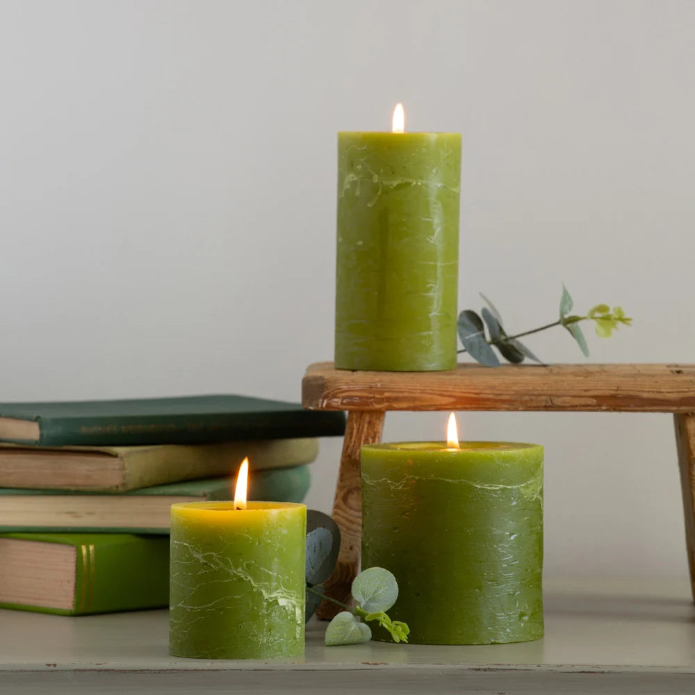 Rustic Pillar Candle in Olive