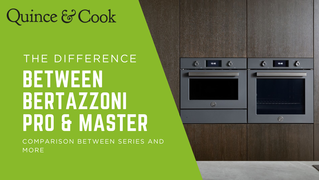 Bertazzoni carbonio built in oven and microwave on the right embedded into a wood panelled wall with text detailing the page link on the left