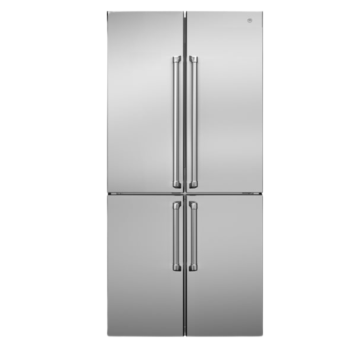 bertazzoni stianless steel cross door refrigerators with the doors closed in front of a white background