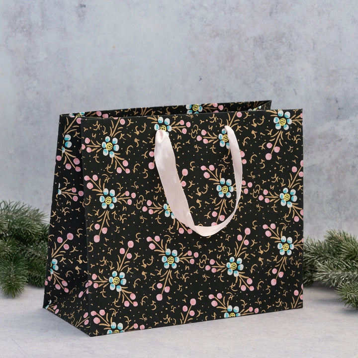 Black Recycled Floral Paper Gift Bag - 3 Sizes