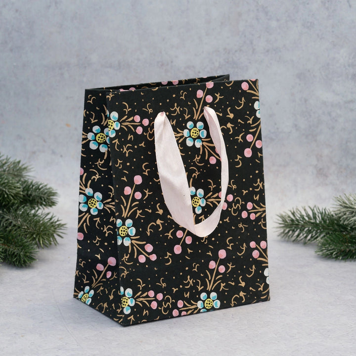 Black Recycled Floral Paper Gift Bag - 3 Sizes