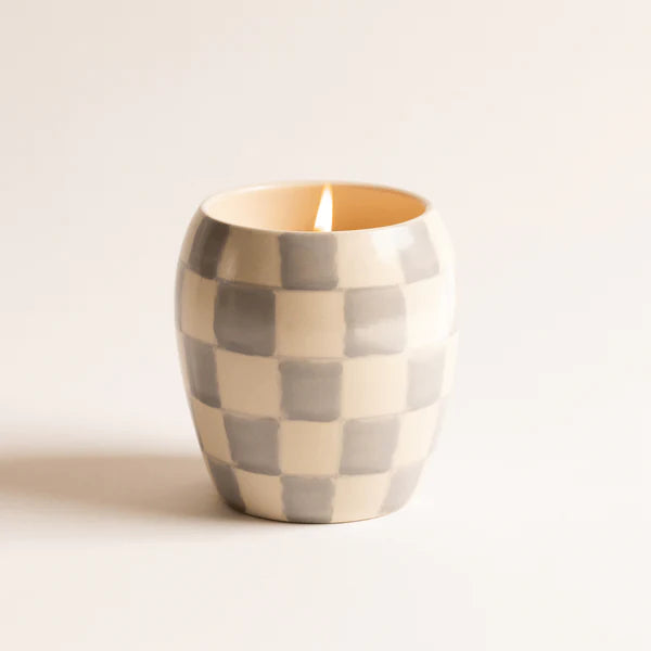 Blue Checker Ceramic Candle - Cotton & Teak