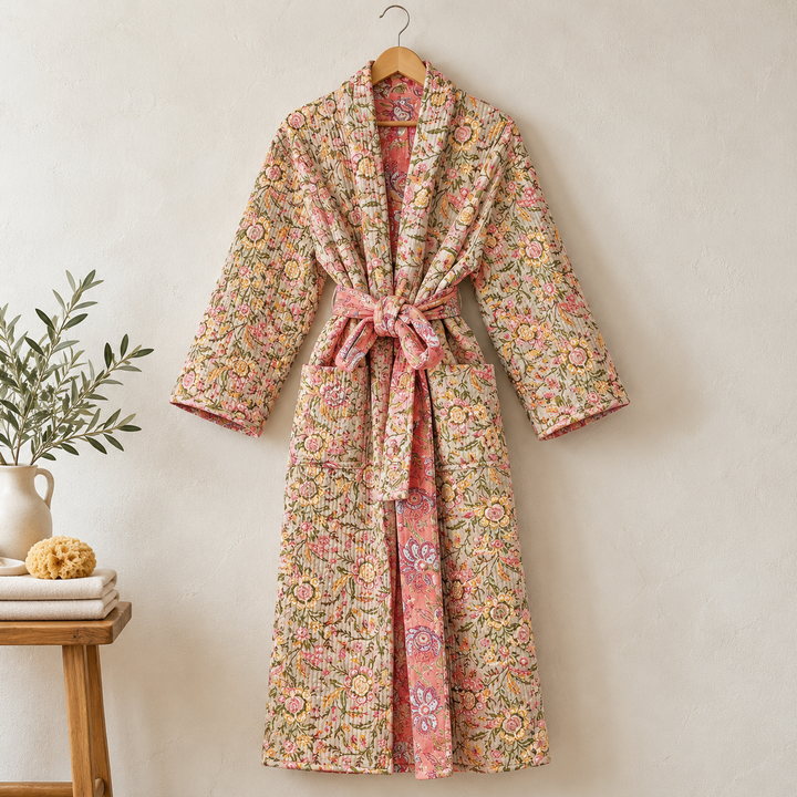 Boho Peachy Pink Floral Quilted Robe
