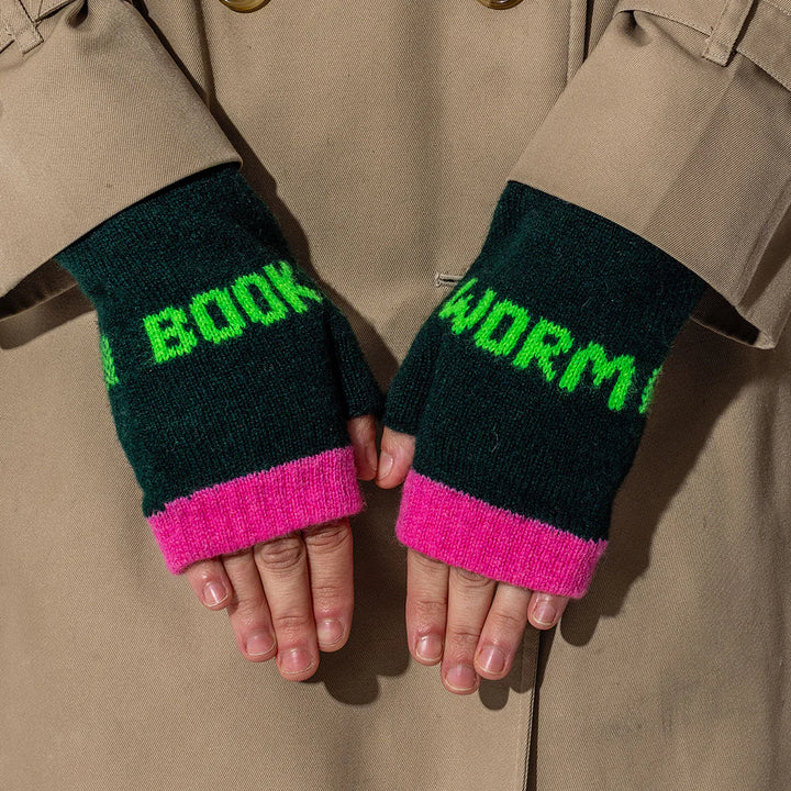 Book Worm Merino Mittens in Forest Green & Neon Green