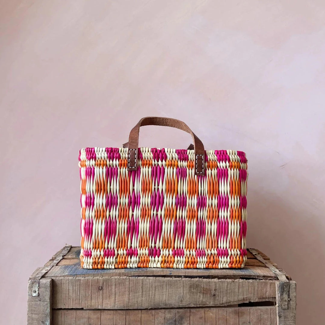 Chequered Reed Basket in Pink & Orange