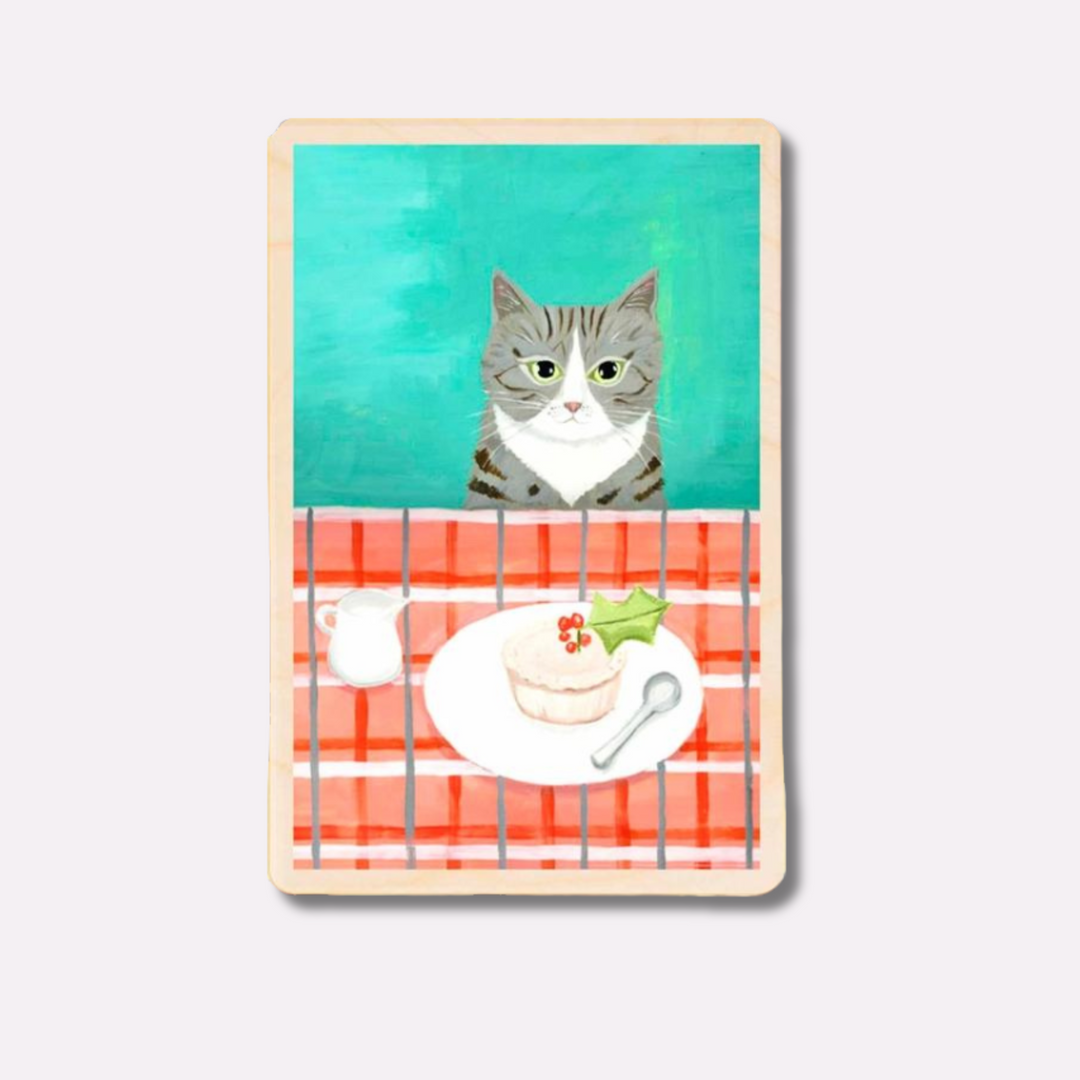 Wooden Postcard: Cat at Table