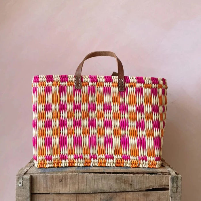 Chequered Reed Basket in Pink & Orange