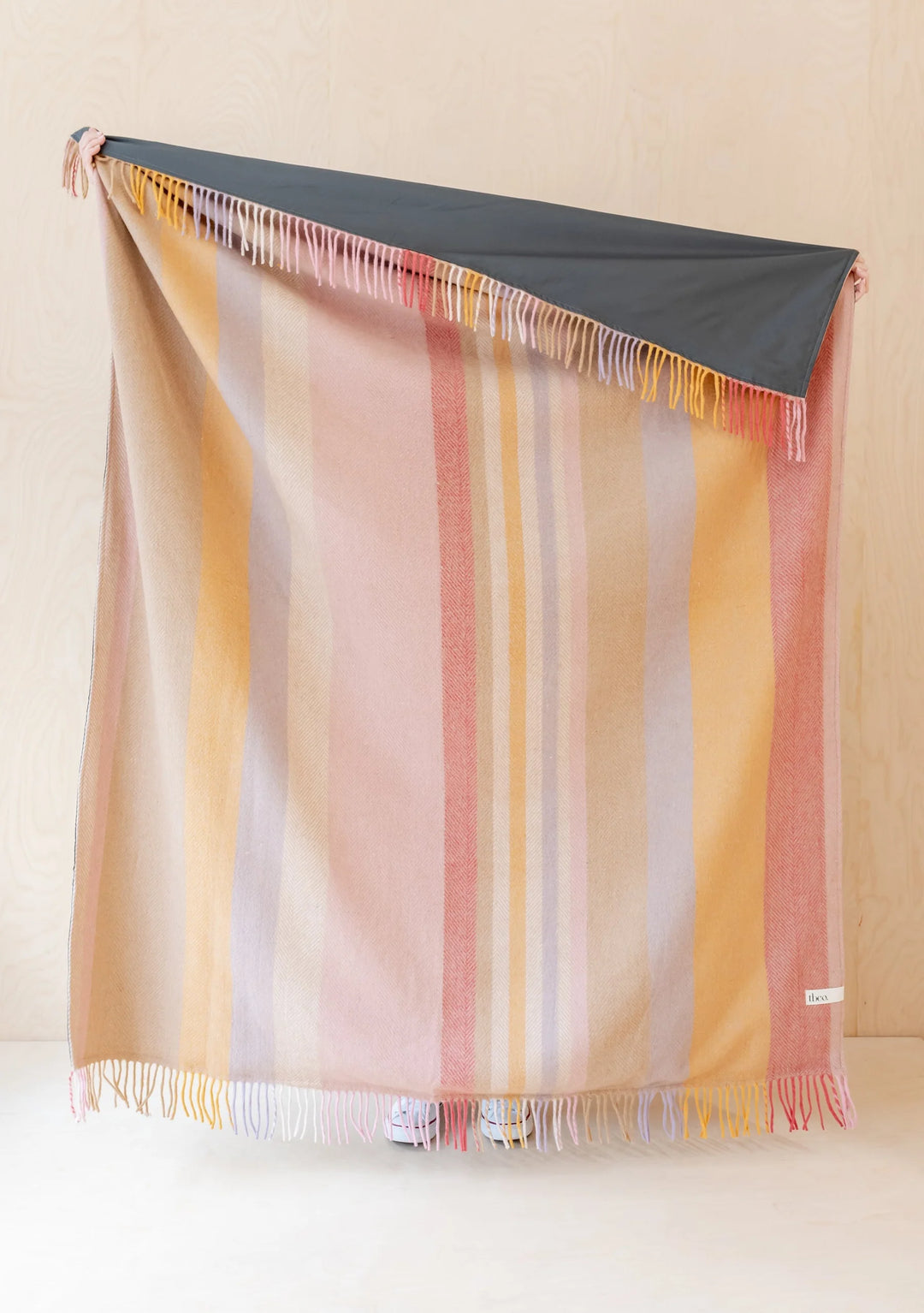Wool Picnic Blanket in Coral Stripe with Carrier