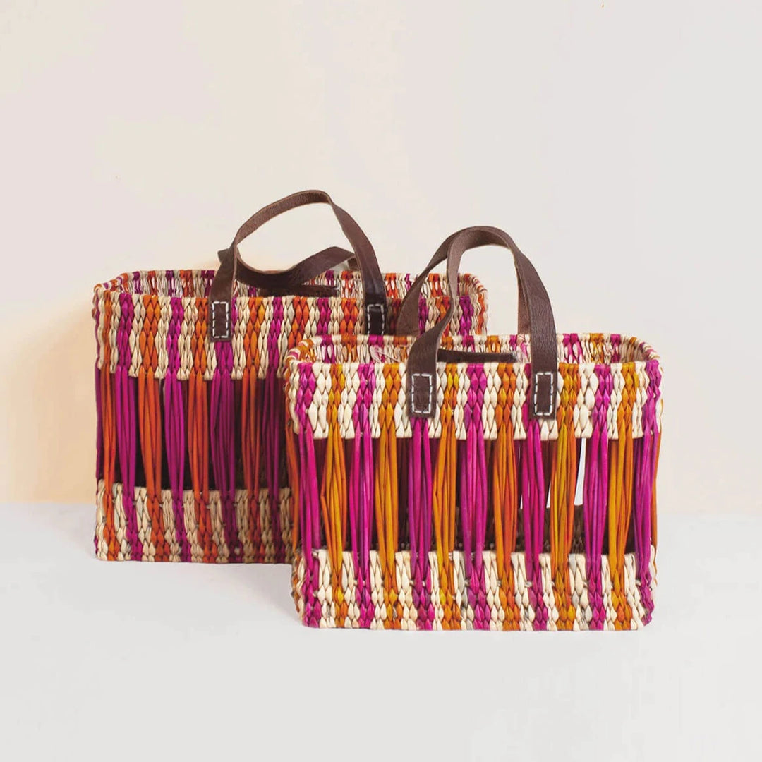 Decorative Reed Basket in Pink and Orange Stripe