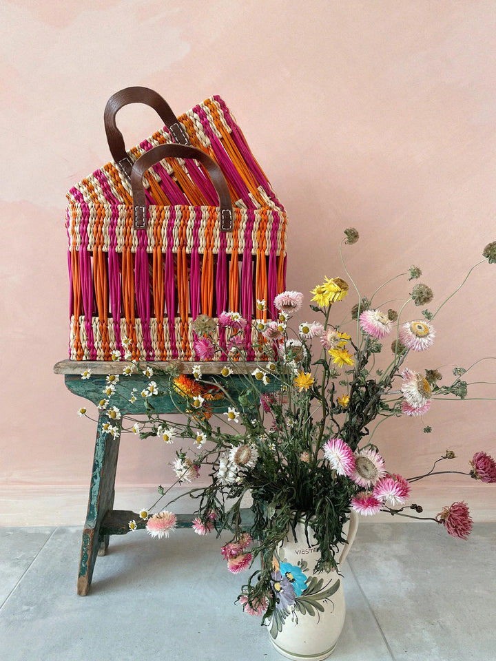 Decorative Reed Basket in Pink and Orange Stripe