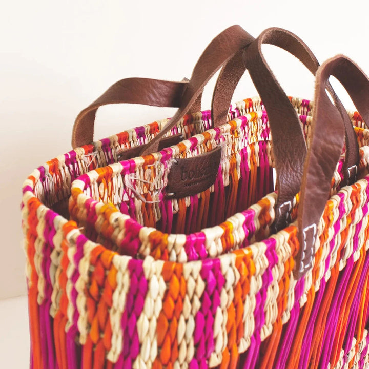 Decorative Reed Basket in Pink and Orange Stripe