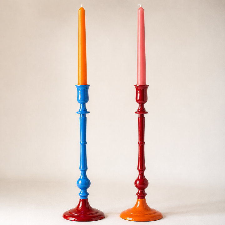 Tall Enamel Candle Holder in Garnet & Cobalt