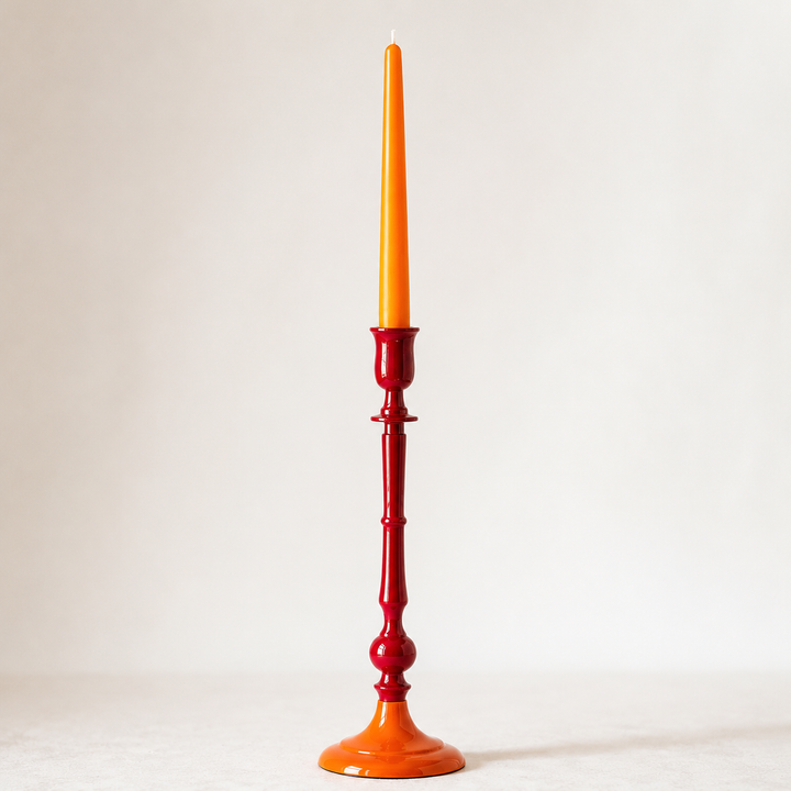 Tall Enamel Candle Holder in Garnet & Orange