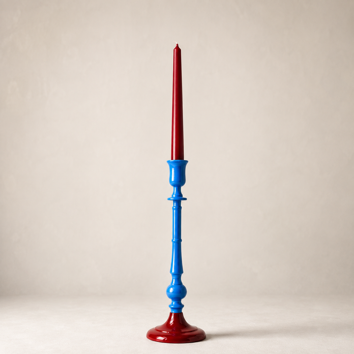 Tall Enamel Candle Holder in Garnet & Cobalt