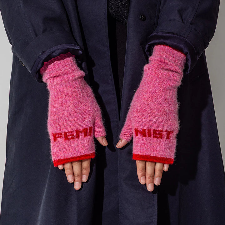 Feminist Fingerless Mittens in French Rose & Rouge