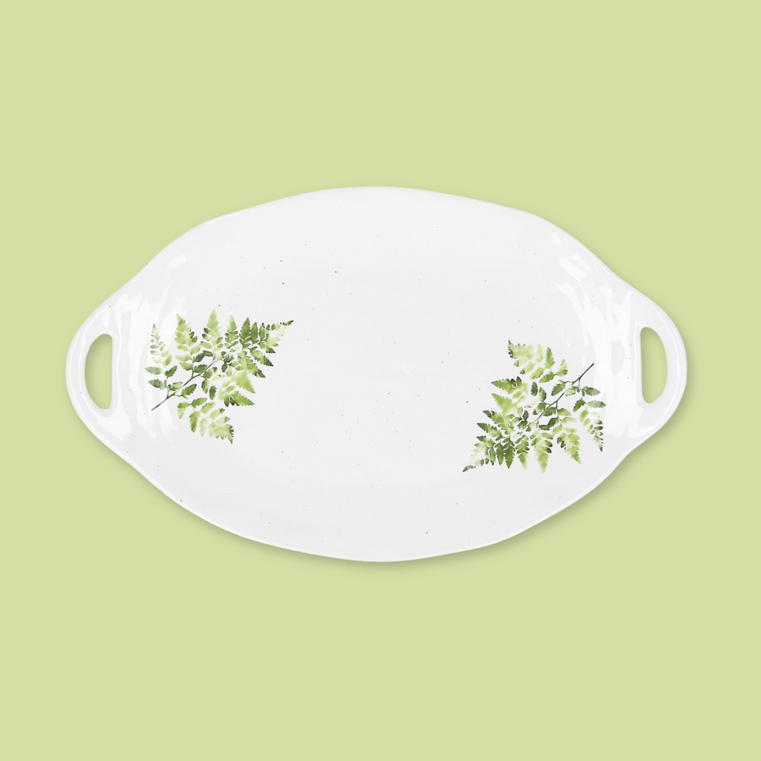 Fern White Oval Platter with Handles